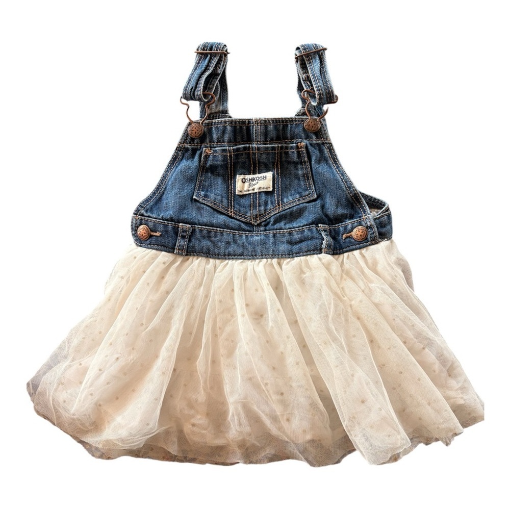 Vintage Osh Kosh Authentic Denim Tulle Polka Dot Blue White Dress 24M